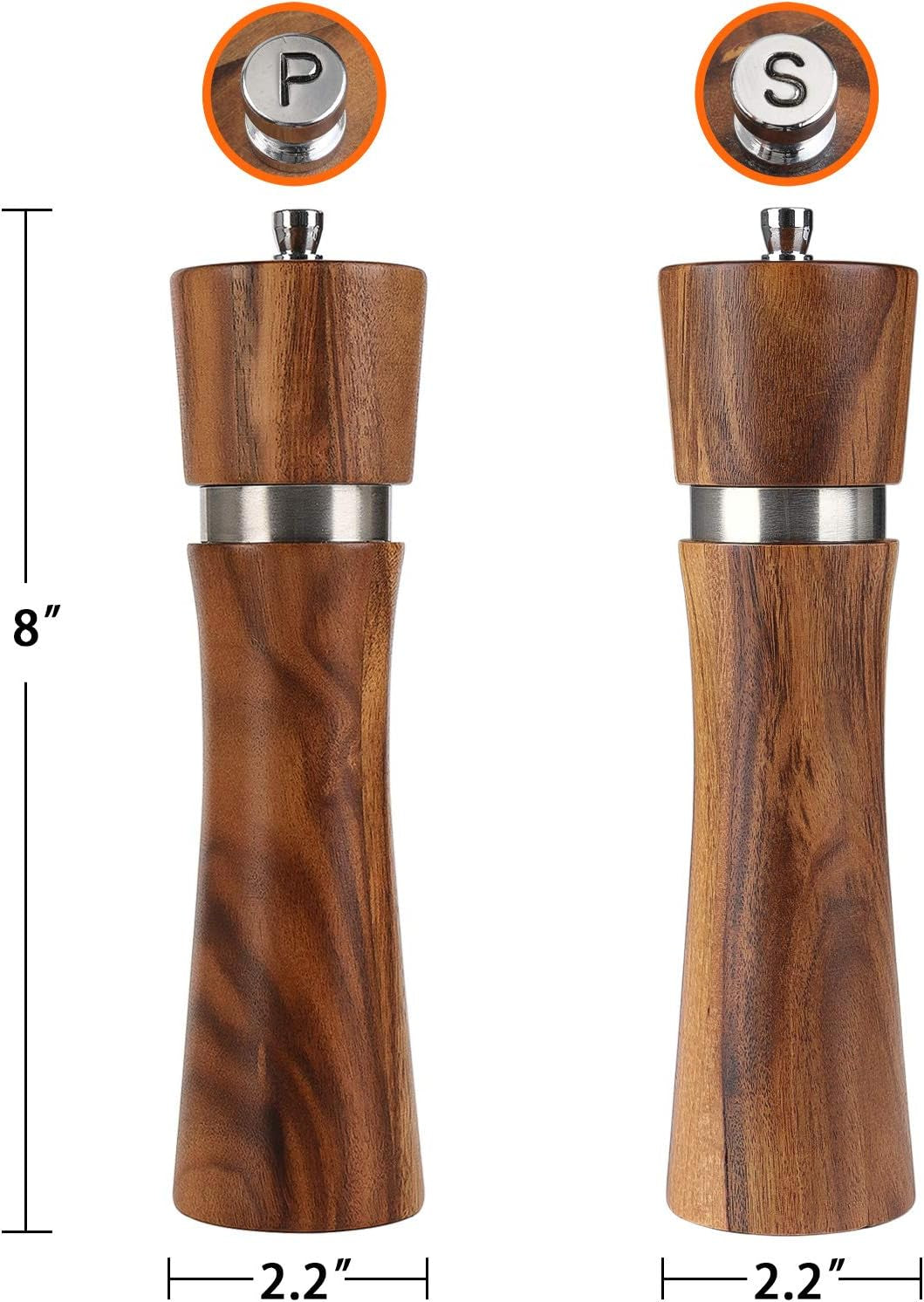 Pepper Grinder,  Wooden Pepper Mill Salt Mill, Adjustable Coarseness Peppermill and Easily Refillable, Ceramic Grinding Mechanism (8 Inch, 2 Pack)