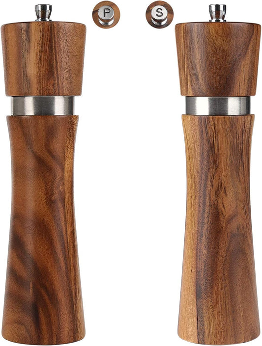 Pepper Grinder,  Wooden Pepper Mill Salt Mill, Adjustable Coarseness Peppermill and Easily Refillable, Ceramic Grinding Mechanism (8 Inch, 2 Pack)